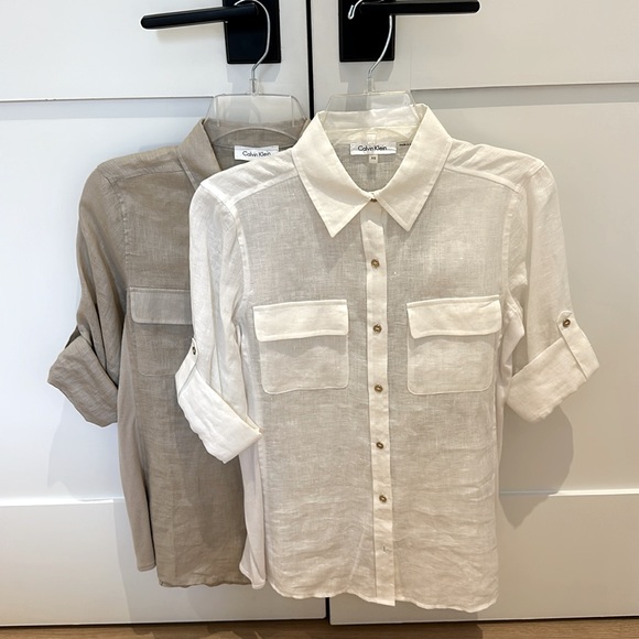 NWT Calvin Klein Linen Roll Sleeve Button Front Blouse in White - Picture 6 of 7